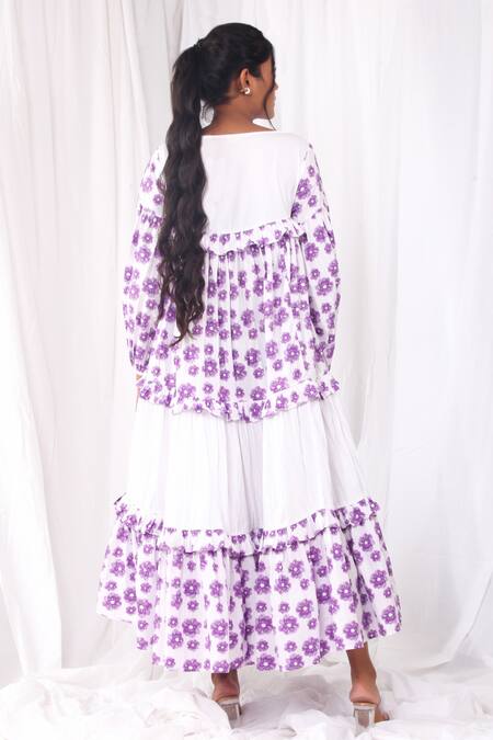 Shop Khat White Cotton Boat Neck Flared Purple Flower Print Dress Online at Aza Fashions Shop_Khat_White Cotton Boat Neck Flared Purple Flower Print Dress _Online_at_Aza_Fashions