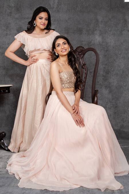 Shop_Sunita Bhandari_Peach Viscose, Organza Cut Work, Embroidery Square Cutdana Blouse Lehenga Set _Online_at_Aza_Fashions