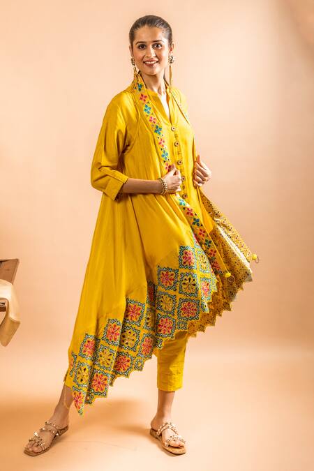 Sunita Nagi Yellow Dupion Embroidered Leather And Applique Work Jacket Open Pant Set Online at Aza Fashions Sunita Nagi_Yellow Dupion Embroidered Leather And Applique Work Jacket Open Pant Set _Online_at_Aza_Fashions