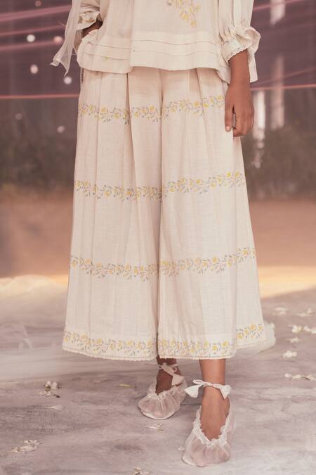 Shop_Itr By Khyati Pande_Off White Handloom Cotton, Silk Lace, Honeysuckle Flared Floral Print Top_Online_at_Aza_Fashions