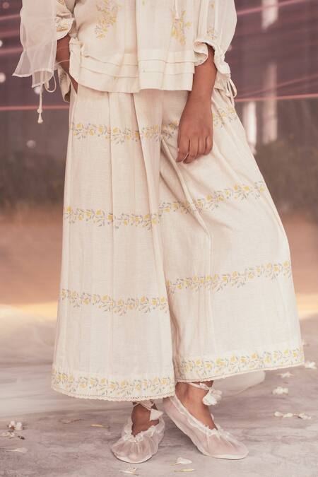 Itr By Khyati Pande_Off White Handloom Cotton, Silk Lace, Honeysuckle Flared Floral Print Top_at_Aza_Fashions