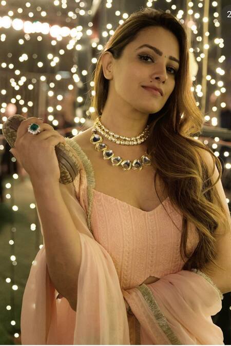 Ahi Clothing_Peach Chiffon, Chanderi, Cotton Embroidery Sweetheart Chikankari Anarkali Set_at_Aza_Fashions