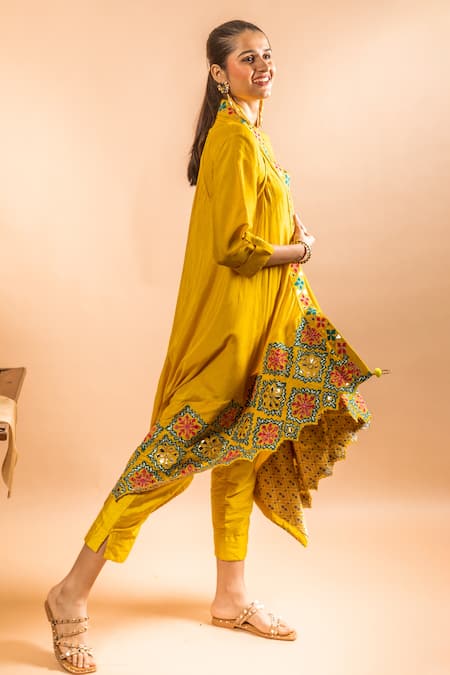 Shop Sunita Nagi Yellow Dupion Embroidered Leather And Applique Work Jacket Open Pant Set Online at Aza Fashions Shop_Sunita Nagi_Yellow Dupion Embroidered Leather And Applique Work Jacket Open Pant Set _Online_at_Aza_Fashions