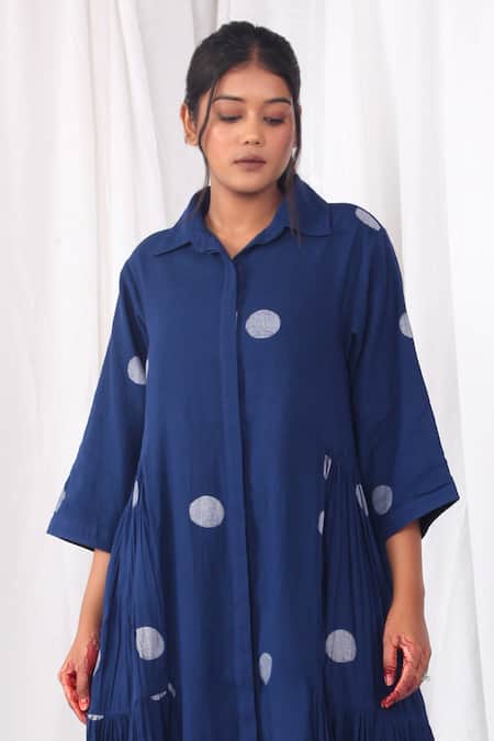 Khat_Blue Handloom Cotton Collared Side Gathered And Polka Pattern Dress _at_Aza_Fashions