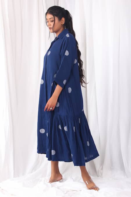 Khat_Blue Handloom Cotton Collared Side Gathered And Polka Pattern Dress _Online_at_Aza_Fashions