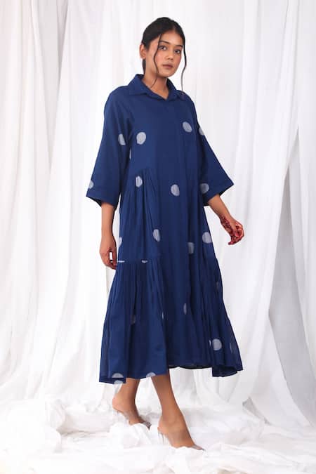 Buy_Khat_Blue Handloom Cotton Collared Side Gathered And Polka Pattern Dress _Online_at_Aza_Fashions