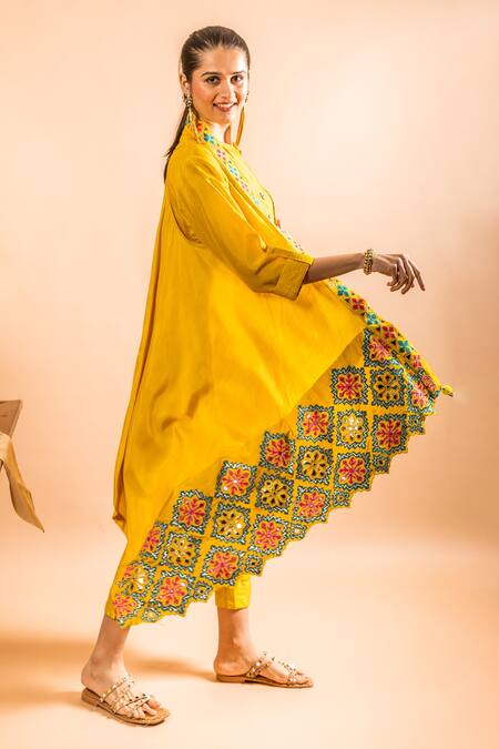 Sunita Nagi Yellow Dupion Embroidered Leather And Applique Work Jacket Open Pant Set at Aza Fashions Sunita Nagi_Yellow Dupion Embroidered Leather And Applique Work Jacket Open Pant Set _at_Aza_Fashions