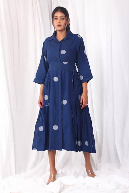 Shop_Khat_Blue Handloom Cotton Collared Side Gathered And Polka Pattern Dress _Online_at_Aza_Fashions