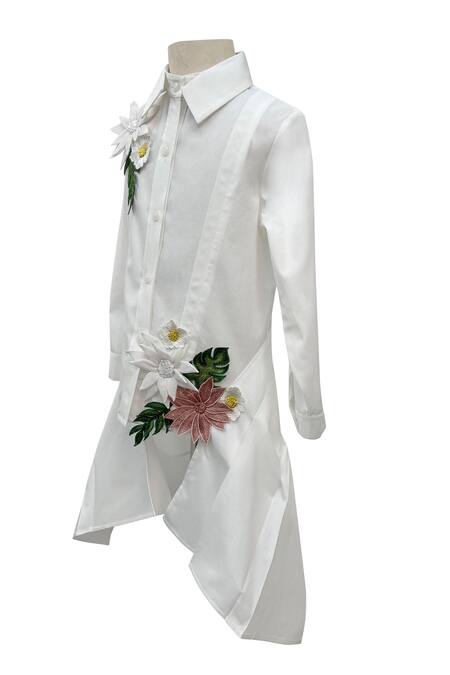 Jasmine And Alaia_White Cotton Embroidered Flowers Cynthia Shirt Dress_Online_at_Aza_Fashions