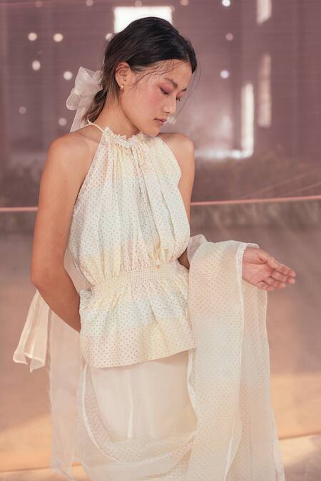 Shop_Itr By Khyati Pande_Off White Handloom Cotton, Silk Lace Halter Neck Mixed Berry Peplum Top_Online_at_Aza_Fashions