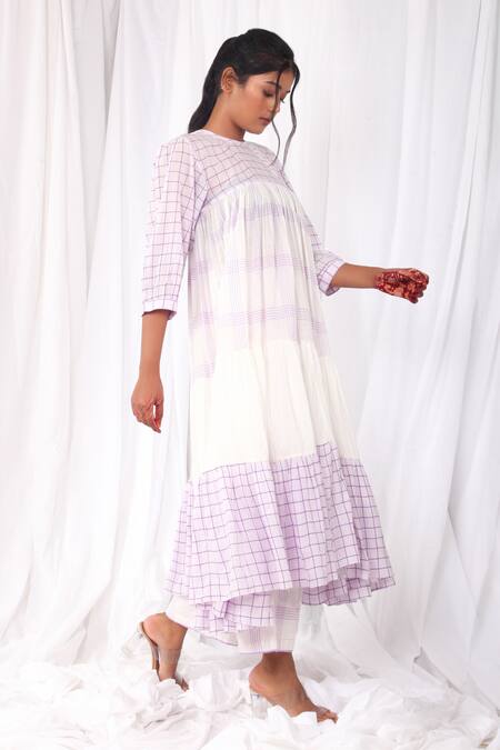 Shop_Khat_White Handloom , Round Neck Gathered Kurta And Pant Set _Online_at_Aza_Fashions