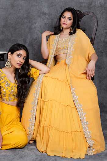 Sunita Bhandari_Yellow Viscose Gota Patti, Embroidery, Zari Placket Cape Tiered Lehenga Set _Online_at_Aza_Fashions