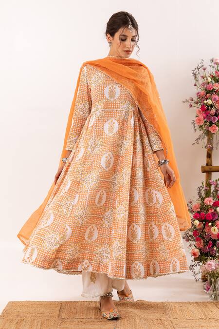 Rivaaj Clothing_Orange Nayab Mughal Pattern Anarkali Palazzo Set _Online_at_Aza_Fashions