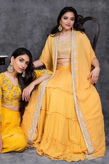 Buy_Sunita Bhandari_Yellow Viscose Gota Patti, Embroidery, Zari Placket Cape Tiered Lehenga Set _Online_at_Aza_Fashions