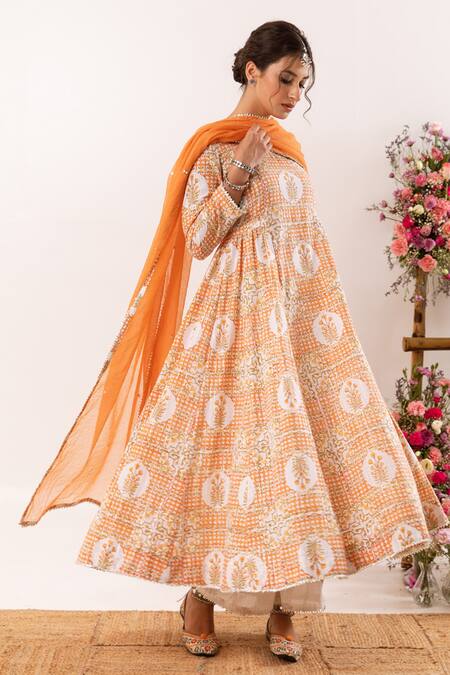 Shop_Rivaaj Clothing_Orange Nayab Mughal Pattern Anarkali Palazzo Set _Online_at_Aza_Fashions