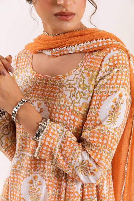 Rivaaj Clothing_Orange Nayab Mughal Pattern Anarkali Palazzo Set _at_Aza_Fashions