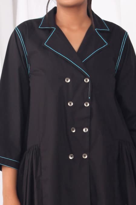 Khat_Black Poplin, Cotton Collared Side Gathered Kurta And Pant Set _Online_at_Aza_Fashions