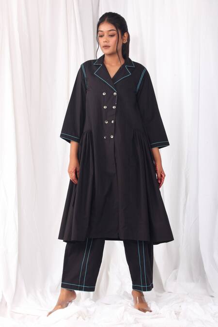 Buy_Khat_Black Poplin, Cotton Collared Side Gathered Kurta And Pant Set _Online_at_Aza_Fashions