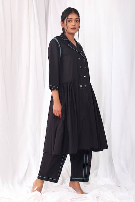 Shop_Khat_Black Poplin, Cotton Collared Side Gathered Kurta And Pant Set _Online_at_Aza_Fashions