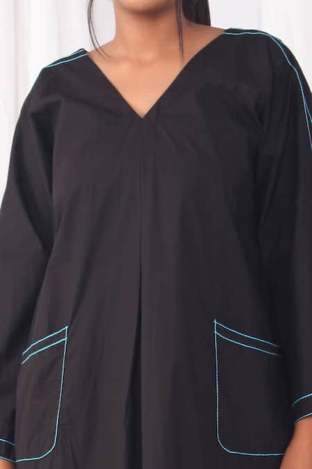 Khat Black Poplin, Cotton Embroidery V-neck Stitch Line Kurta Set Online at Aza Fashions Khat_Black Poplin, Cotton Embroidery V-neck Stitch Line Kurta Set _Online_at_Aza_Fashions