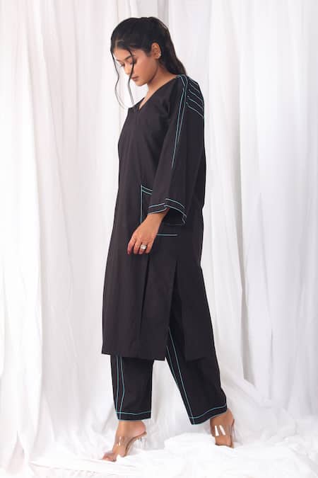 Buy Khat Black Poplin, Cotton Embroidery V-neck Stitch Line Kurta Set Online at Aza Fashions Buy_Khat_Black Poplin, Cotton Embroidery V-neck Stitch Line Kurta Set _Online_at_Aza_Fashions