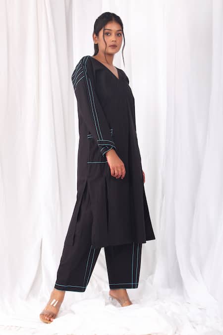 Shop Khat Black Poplin, Cotton Embroidery V-neck Stitch Line Kurta Set Online at Aza Fashions Shop_Khat_Black Poplin, Cotton Embroidery V-neck Stitch Line Kurta Set _Online_at_Aza_Fashions