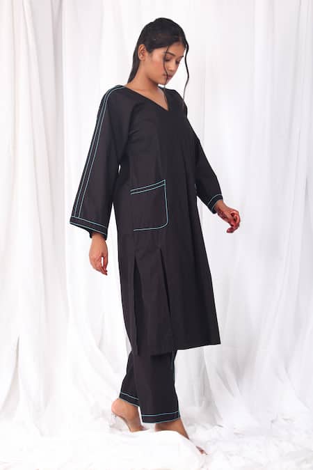 Khat Black Poplin, Cotton Embroidery V-neck Stitch Line Kurta Set at Aza Fashions Khat_Black Poplin, Cotton Embroidery V-neck Stitch Line Kurta Set _at_Aza_Fashions