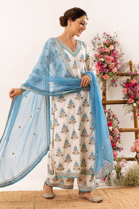 Rivaaj Clothing_White Botanic Print Kurta Palazzo Set_Online_at_Aza_Fashions