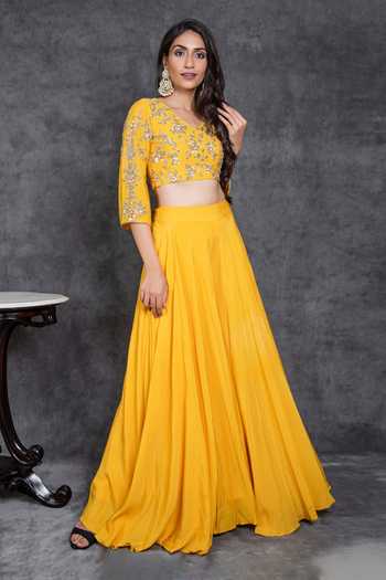 Buy_Sunita Bhandari_Yellow Viscose Cut Work, Sequins Embroidered Bell Sleeve Top And Sharara Set _Online_at_Aza_Fashions