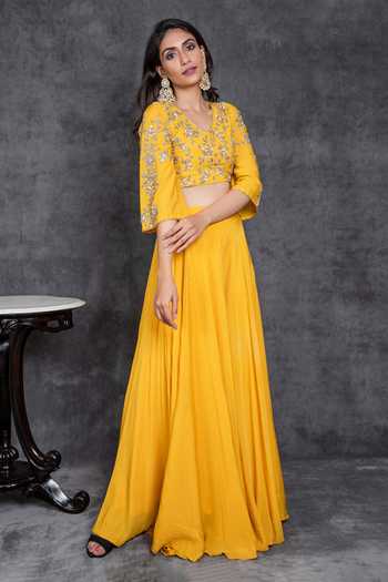 Shop_Sunita Bhandari_Yellow Viscose Cut Work, Sequins Embroidered Bell Sleeve Top And Sharara Set _Online_at_Aza_Fashions