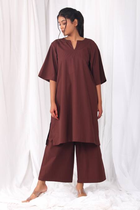 Shop Khat Maroon Poplin, Cotton Split V-neck Plain Straight Kurta And Flared Pant Set Online at Aza Fashions Shop_Khat_Maroon Poplin, Cotton Split V-neck Plain Straight Kurta And Flared Pant Set_Online_at_Aza_Fashions