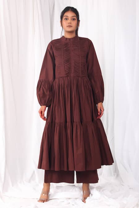 Buy Khat Maroon Poplin, Cotton Bandeau Neck Pintucked And Tiered Flared Kurta & Pant Set Online at Aza Fashions Buy_Khat_Maroon Poplin, Cotton Bandeau Neck Pintucked And Tiered Flared Kurta & Pant Set _Online_at_Aza_Fashions