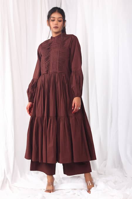 Shop Khat Maroon Poplin, Cotton Bandeau Neck Pintucked And Tiered Flared Kurta & Pant Set Online at Aza Fashions Shop_Khat_Maroon Poplin, Cotton Bandeau Neck Pintucked And Tiered Flared Kurta & Pant Set _Online_at_Aza_Fashions