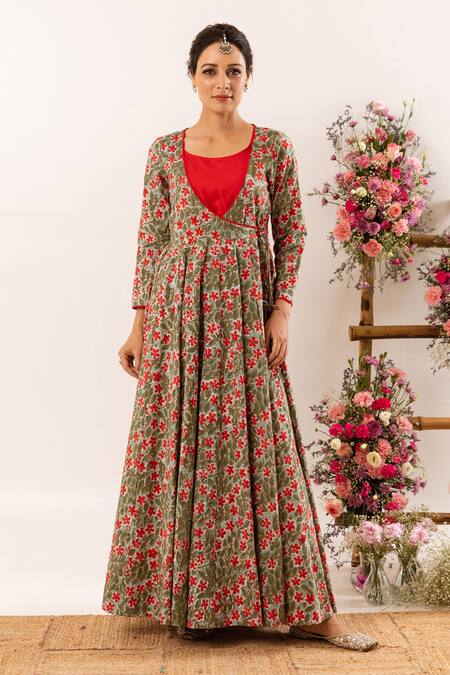 Rivaaj Clothing_Multi Color Botanic Print Angrakha With Inner _Online_at_Aza_Fashions