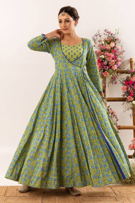 Rivaaj Clothing_Green Cotton Botanic Print Angrakha With Inner _Online_at_Aza_Fashions