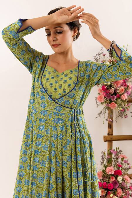 Buy_Rivaaj Clothing_Green Cotton Botanic Print Angrakha With Inner _Online_at_Aza_Fashions