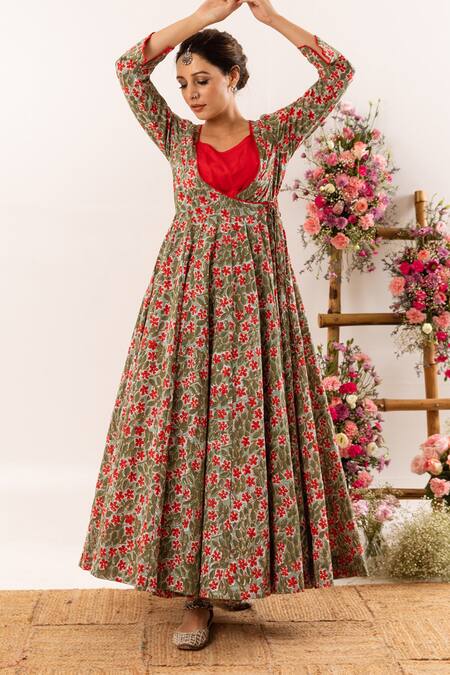 Buy_Rivaaj Clothing_Multi Color Botanic Print Angrakha With Inner _Online_at_Aza_Fashions