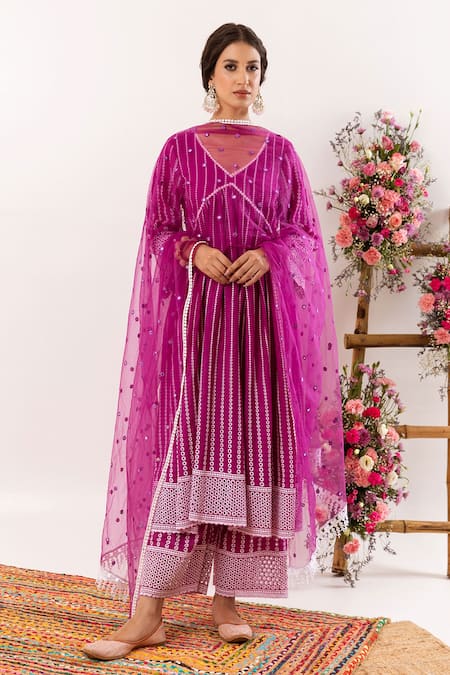Rivaaj Clothing_Purple Cotton, Net Embroidery, Mirrors V-neck Geometric Anarkali Palazzo Set_Online_at_Aza_Fashions