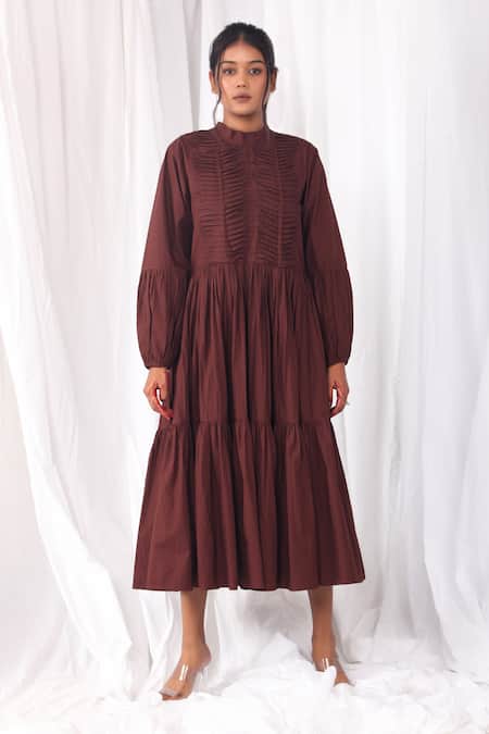 Buy_Khat_Maroon Cotton, Poplin Bandeau Neck Pintucked Bodice And Tiered Dress _Online_at_Aza_Fashions