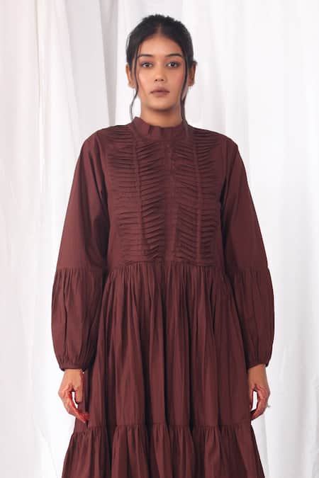 Khat_Maroon Cotton, Poplin Bandeau Neck Pintucked Bodice And Tiered Dress _at_Aza_Fashions