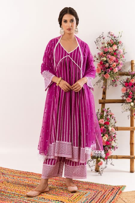 Shop_Rivaaj Clothing_Purple Cotton, Net Embroidery, Mirrors V-neck Geometric Anarkali Palazzo Set_Online_at_Aza_Fashions
