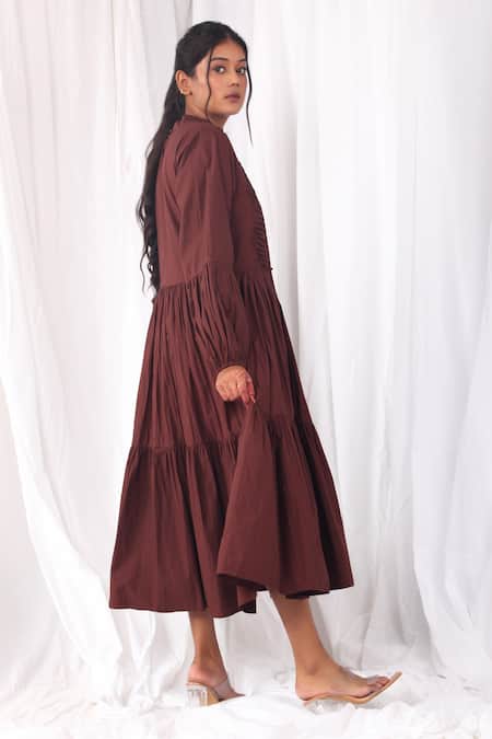 Shop_Khat_Maroon Cotton, Poplin Bandeau Neck Pintucked Bodice And Tiered Dress _Online_at_Aza_Fashions