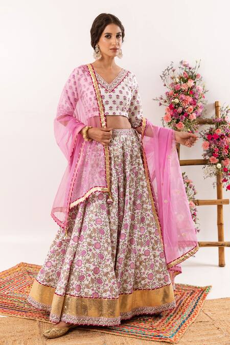 Shop_Rivaaj Clothing_Purple Floret Print Lehenga Set _Online_at_Aza_Fashions
