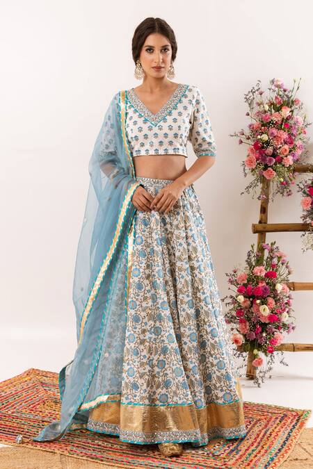 Rivaaj Clothing_White Nayab Floral Print Lehenga Set _Online_at_Aza_Fashions