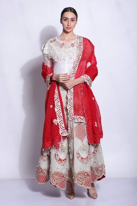 Sonali Gupta_White Silk, Viscose Embroidery, Beads, Sequins Round Hand Blouse Lehenga Set _Online_at_Aza_Fashions