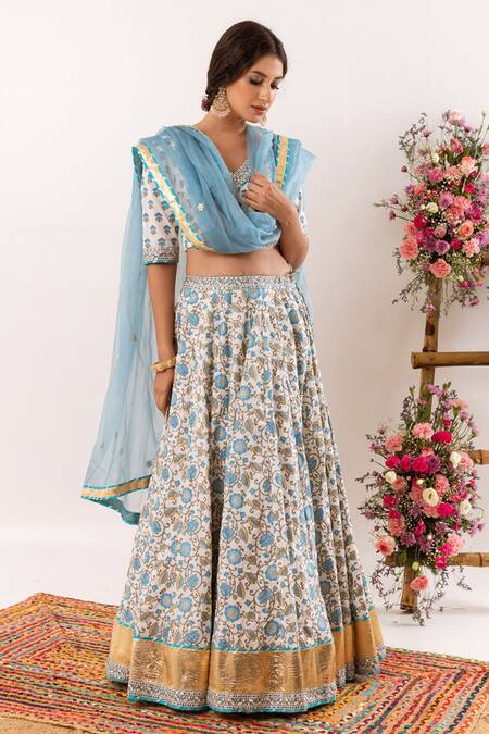 Shop_Rivaaj Clothing_White Nayab Floral Print Lehenga Set _Online_at_Aza_Fashions