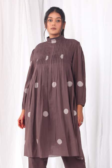 Khat Brown Handloom Cotton High Neck Polka Pattern Kurta And Pant Set at Aza Fashions Khat_Brown Handloom Cotton High Neck Polka Pattern Kurta And Pant Set _at_Aza_Fashions