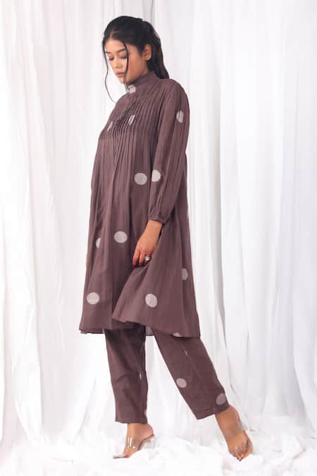 Khat Brown Handloom Cotton High Neck Polka Pattern Kurta And Pant Set Online at Aza Fashions Khat_Brown Handloom Cotton High Neck Polka Pattern Kurta And Pant Set _Online_at_Aza_Fashions