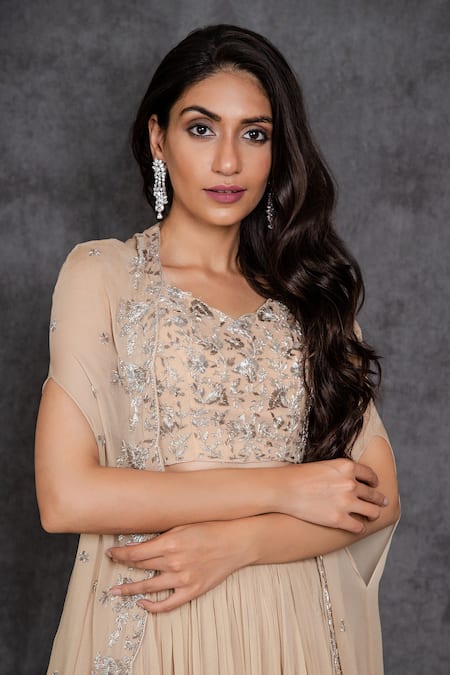Sunita Bhandari Beige Viscose, Georgette Cut Work, Embroidery Scoop Neck Cape Lehenga Set Online at Aza Fashions Sunita Bhandari_Beige Viscose, Georgette Cut Work, Embroidery Scoop Neck Cape Lehenga Set _Online_at_Aza_Fashions