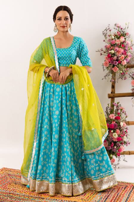 Rivaaj Clothing_Blue Floret Print And Lurex Striped Lehenga Set _Online_at_Aza_Fashions